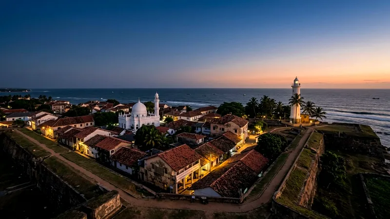 Galle Fort lighthouse, mosque and tiled rooftops beside the ocean at dusk.