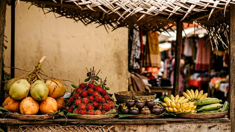 Stacked tropical fruits and king coconuts at a Kandy market stall.