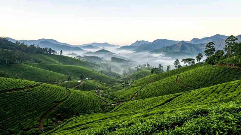Misty hills covered in rows of green tea bushes near Haputale.