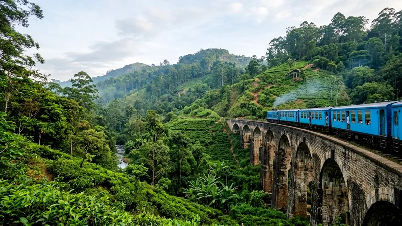 Blue train crossing the stone Nine Arch Bridge amid green jungle.